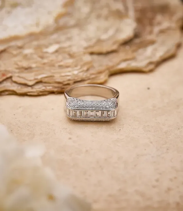 Silver-Tone Baguette and Pavé Stone Wide Band Ring 3