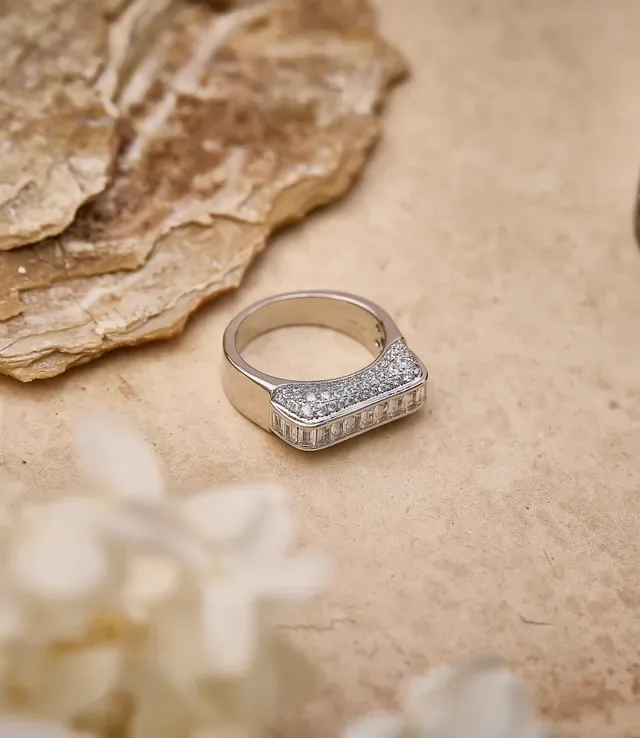 Silver-Tone Baguette and Pavé Stone Wide Band Ring 5