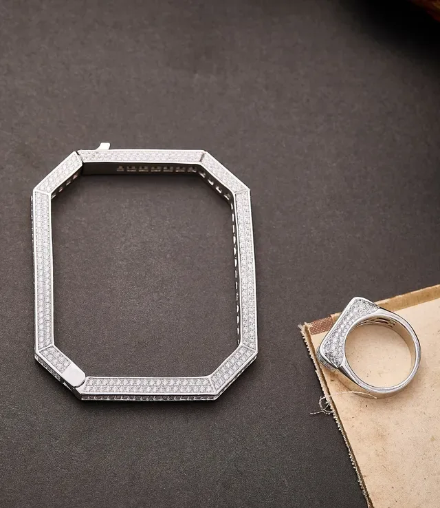 Silver-Tone Baguette and Pavé Stone Wide Band Ring 6