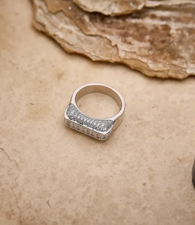 Silver-Tone Baguette and Pavé Stone Wide Band Ring 7