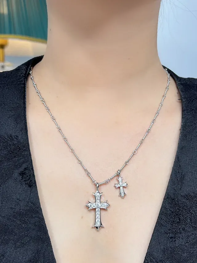 Silver-Tone Double Cross Pavé Crystal Necklace 2