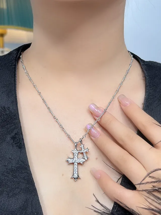 Silver-Tone Double Cross Pavé Crystal Necklace 4
