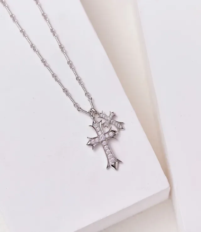Silver-Tone Double Cross Pavé Crystal Necklace 5