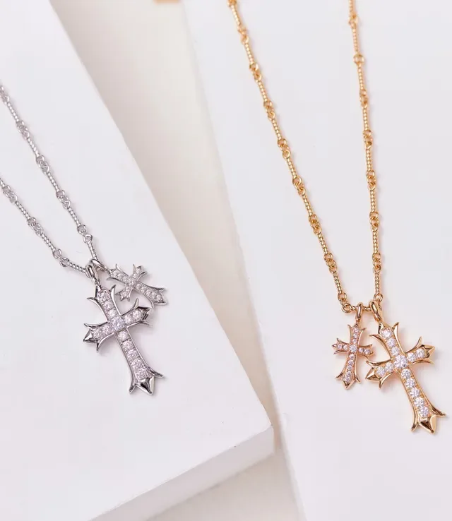 Silver-Tone Double Cross Pavé Crystal Necklace 7