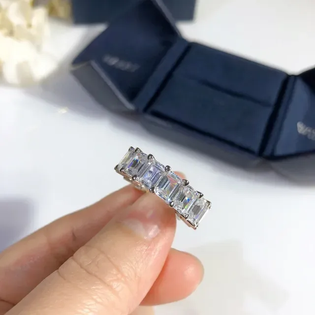 Silver-Tone Emerald-Cut Multi-Stone Channel-Set Eternity Ring 7