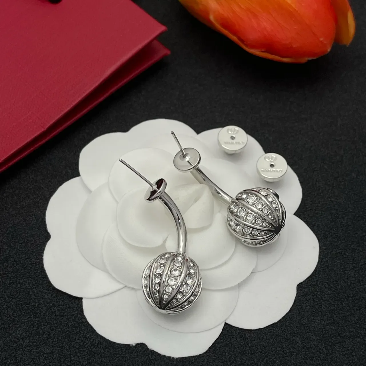 Silver-Tone Pavé-Crystal Ribbed Spherical Cuff Earrings 5