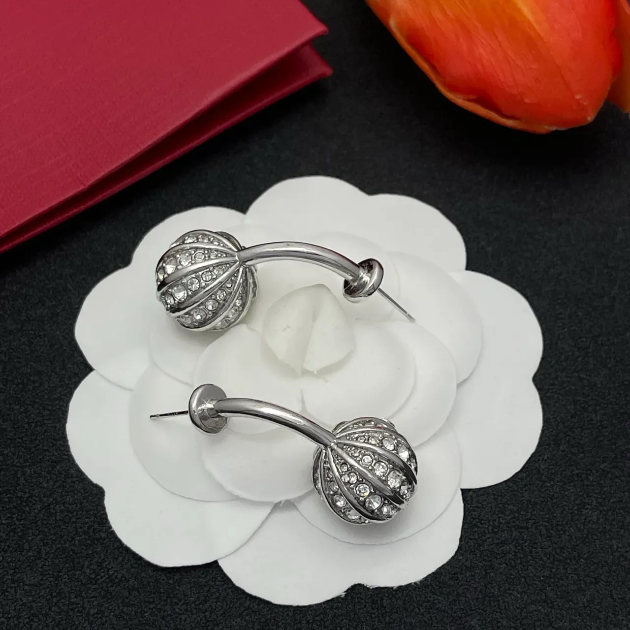 Silver-Tone Pavé-Crystal Ribbed Spherical Cuff Earrings 6