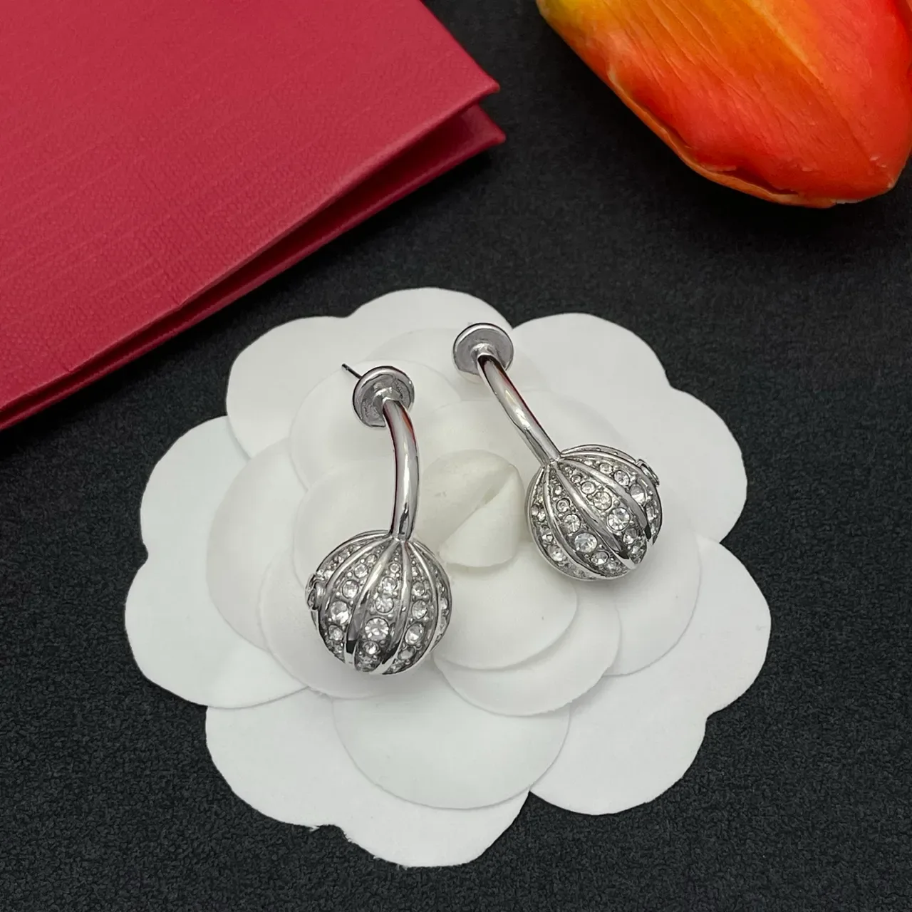 Silver-Tone Pavé-Crystal Ribbed Spherical Cuff Earrings 7