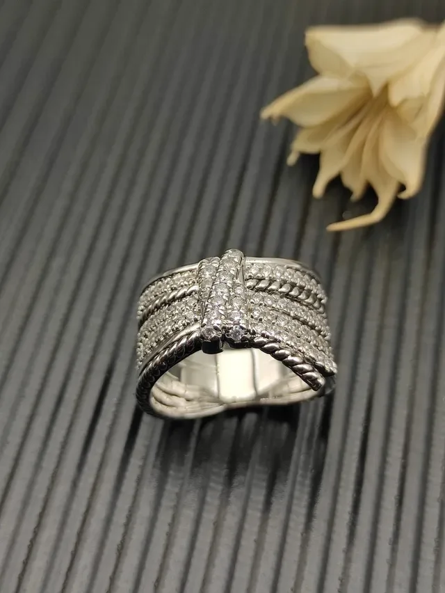 Silver-Tone Pavé-Set Rope-Textured Multi-Band Stackable Ring 5