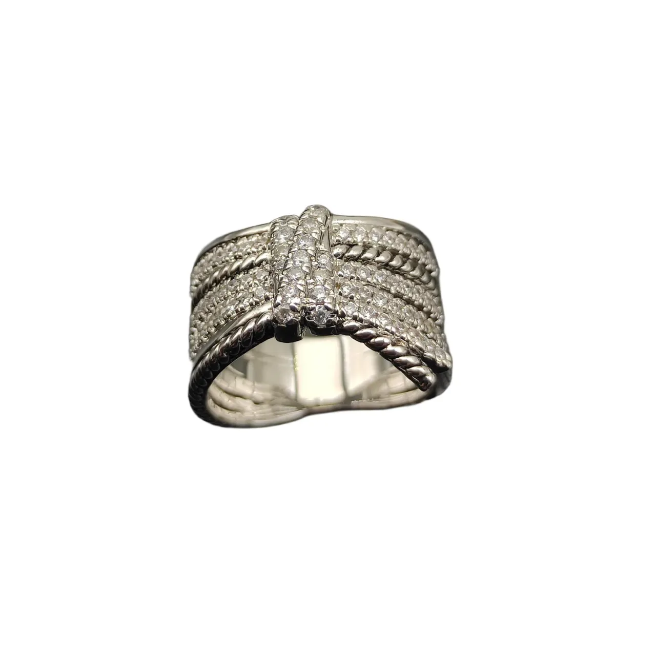 Silver-Tone Pavé-Set Rope-Textured Multi-Band Stackable Ring 8