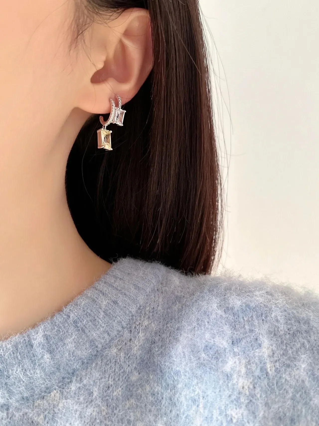 Silver-Tone Rectangular Gemstone Dangling Earrings 5