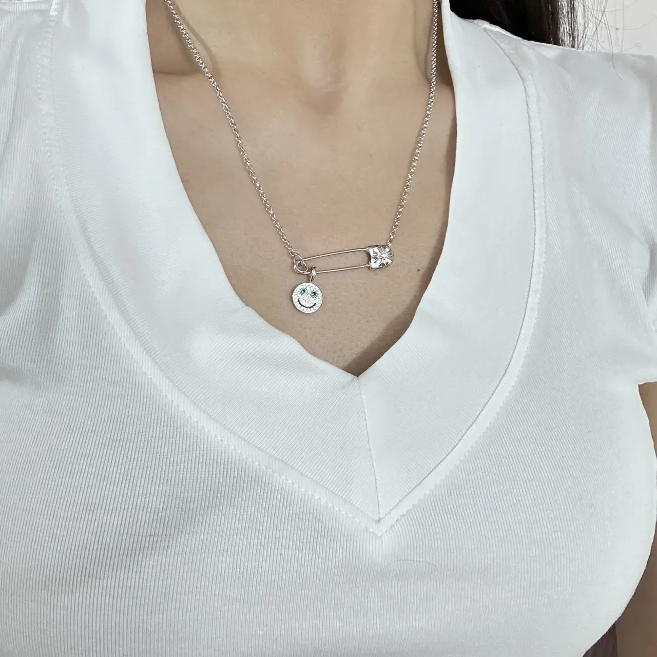 Silver-Tone Safety-Pin Smiley Face Pendant Necklaces 2