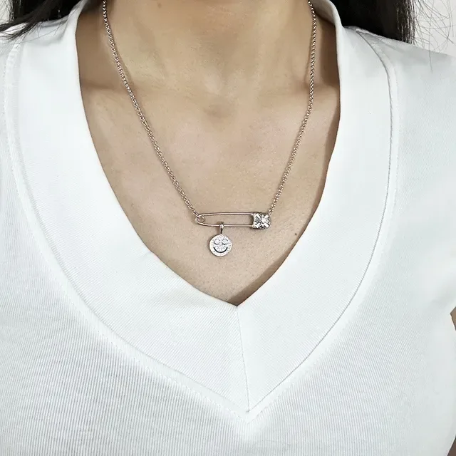 Silver-Tone Safety-Pin Smiley Face Pendant Necklaces 3