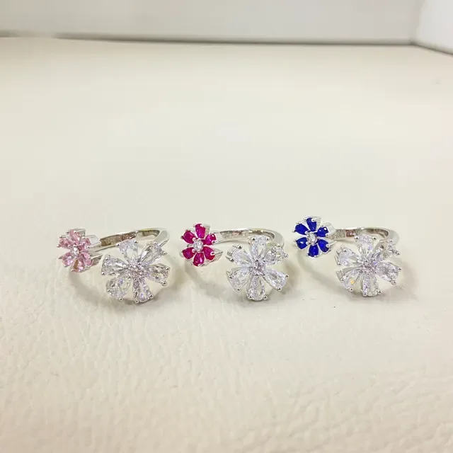 Silver-Toned Open-Band Floral Crystal Cluster Rings 2