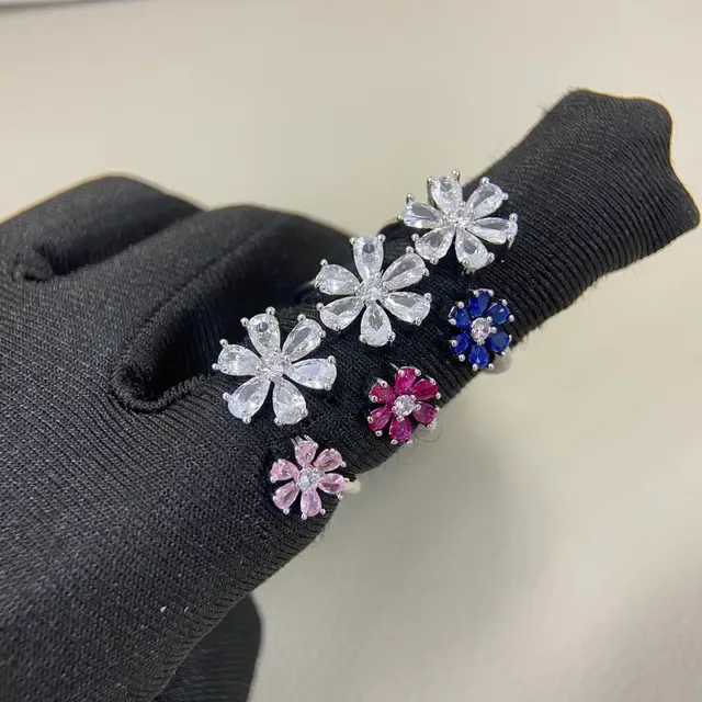 Silver-Toned Open-Band Floral Crystal Cluster Rings 6
