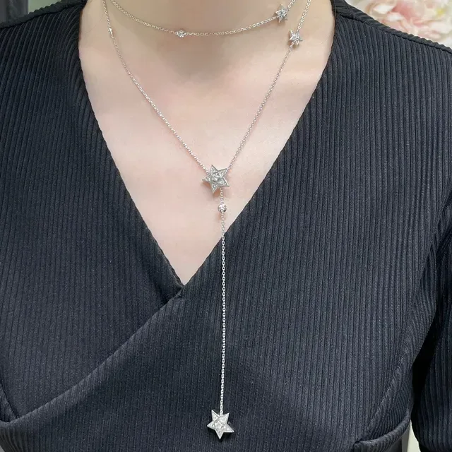 Silver-Toned Star and Crystal Pendant Long Chain Necklace 9