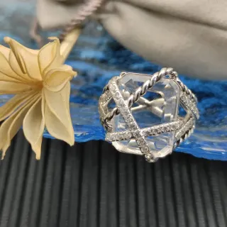 Silver Transparent Twisted Rope Band Pavé-Set Accent Stones Ring
