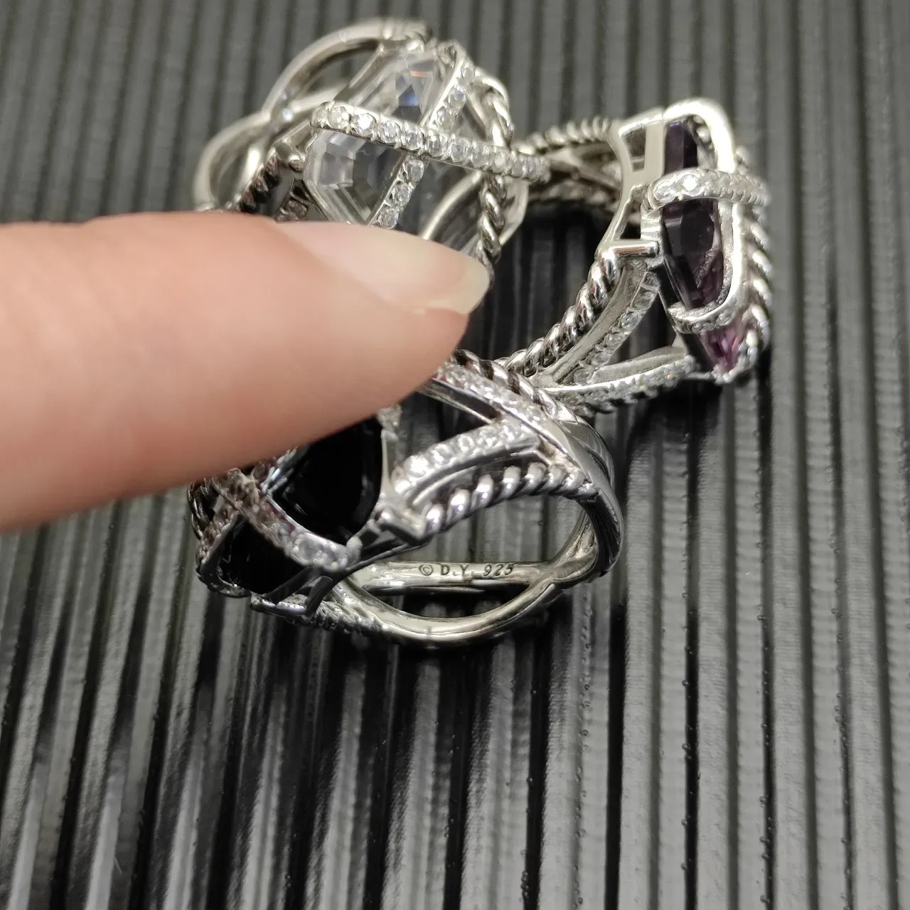 Silver Transparent Twisted Rope Band Pavé-Set Accent Stones Ring 2