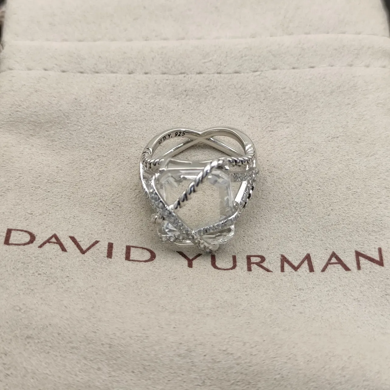 Silver Transparent Twisted Rope Band Pavé-Set Accent Stones Ring 5