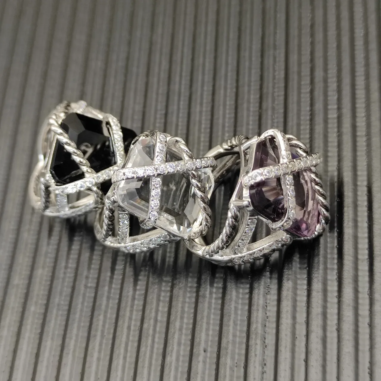 Silver Transparent Twisted Rope Band Pavé-Set Accent Stones Ring 6