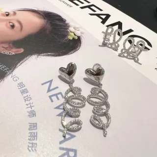 Silver White Heart-Shaped Stud Top Dangling Crystal Loops Earrings