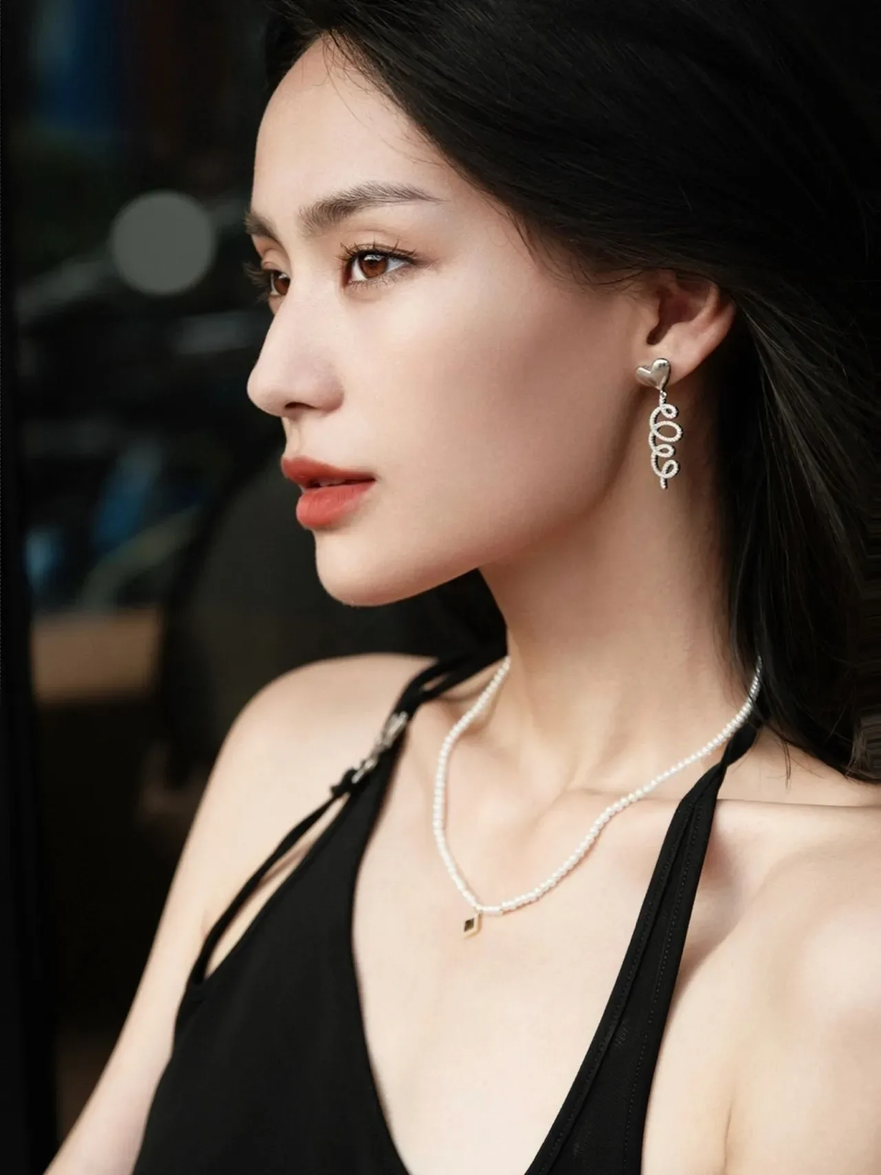 Silver White Heart-Shaped Stud Top Dangling Crystal Loops Earrings 6