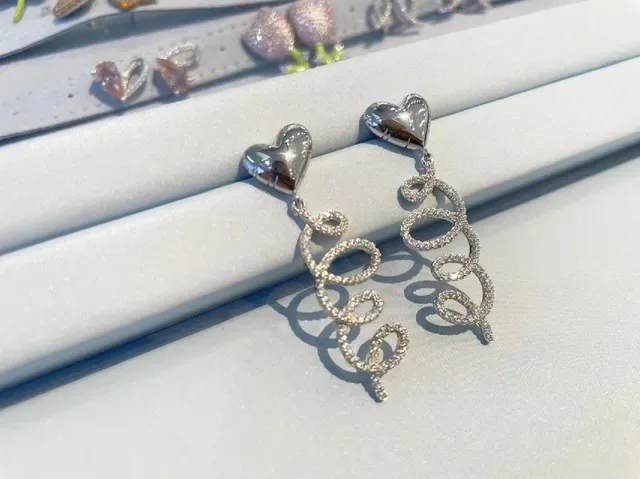 Silver White Heart-Shaped Stud Top Dangling Crystal Loops Earrings 8