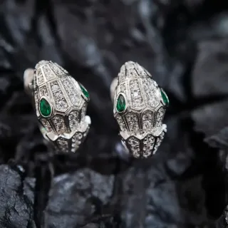 Snake-Head Motif Pavé Diamond and Emerald Earrings