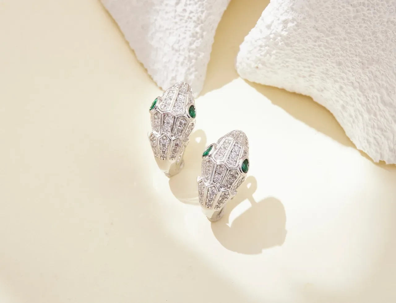 Snake-Head Motif Pavé Diamond and Emerald Earrings 3