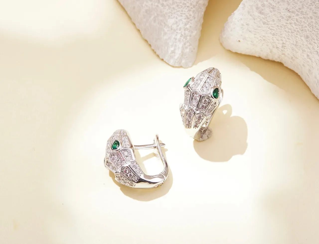 Snake-Head Motif Pavé Diamond and Emerald Earrings 4