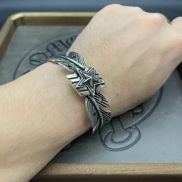 Star and Feather Motif Silver Cuff Bracelet 2
