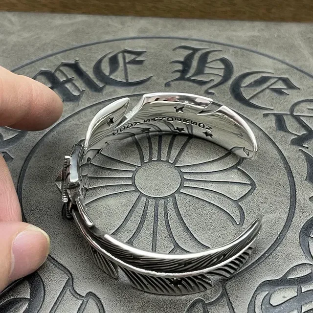 Star and Feather Motif Silver Cuff Bracelet 7