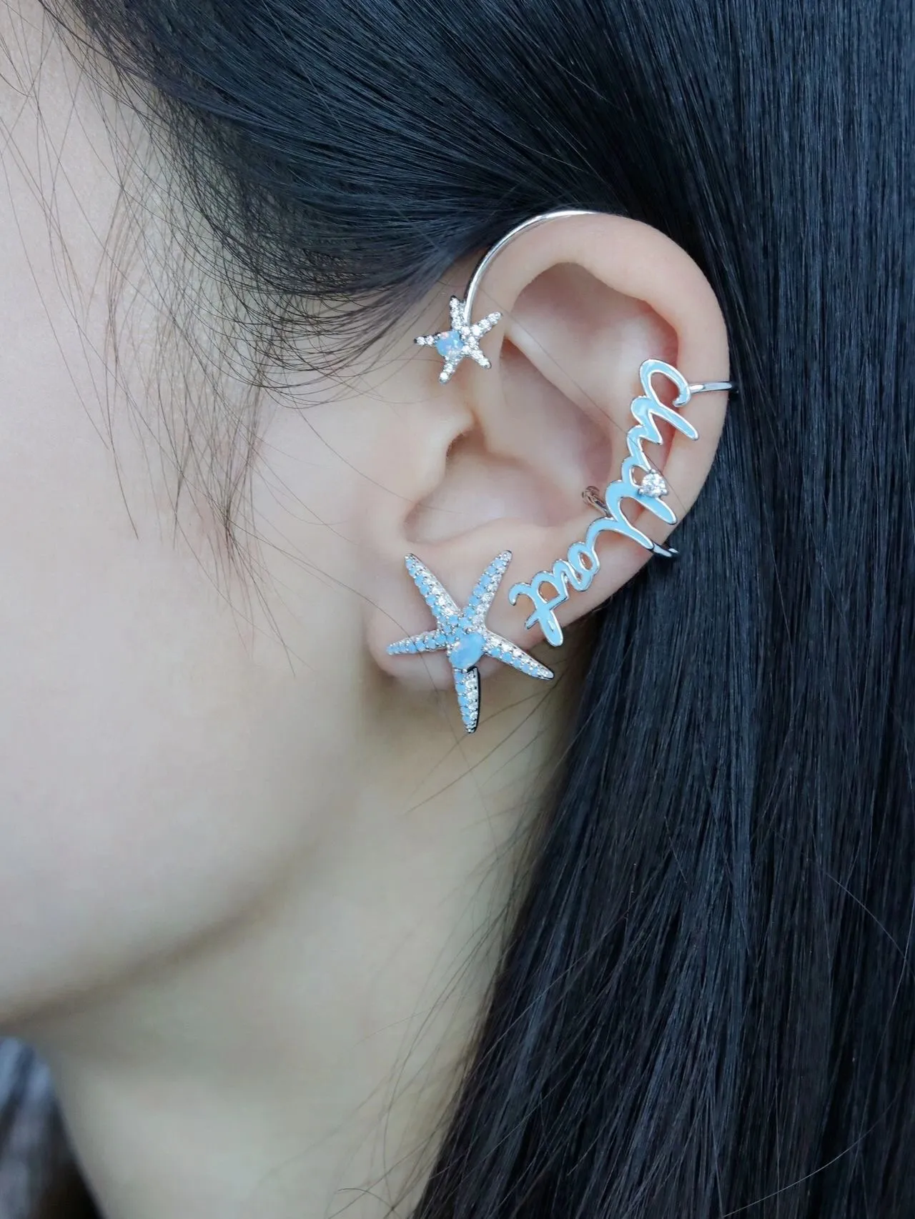 Starfish-Shaped Pavé Light Blue Stone Stud Earrings 3
