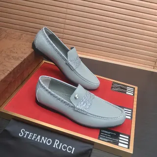 Stefano Ricci 浅灰色鳄鱼纹压花鞋带乐福鞋