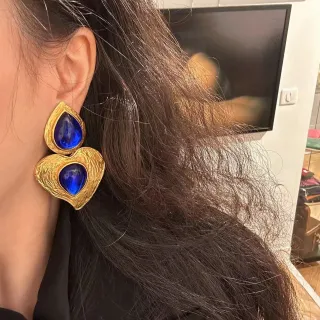 Textured Gold-Tone Double Teardrop Cabochon Statement Earrings