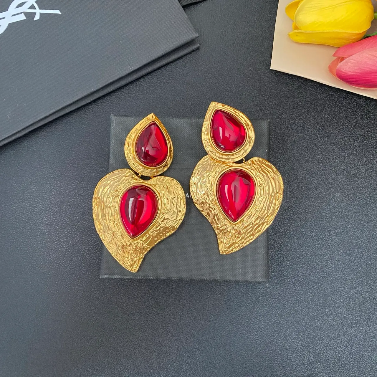 Textured Gold-Tone Double Teardrop Cabochon Statement Earrings 5