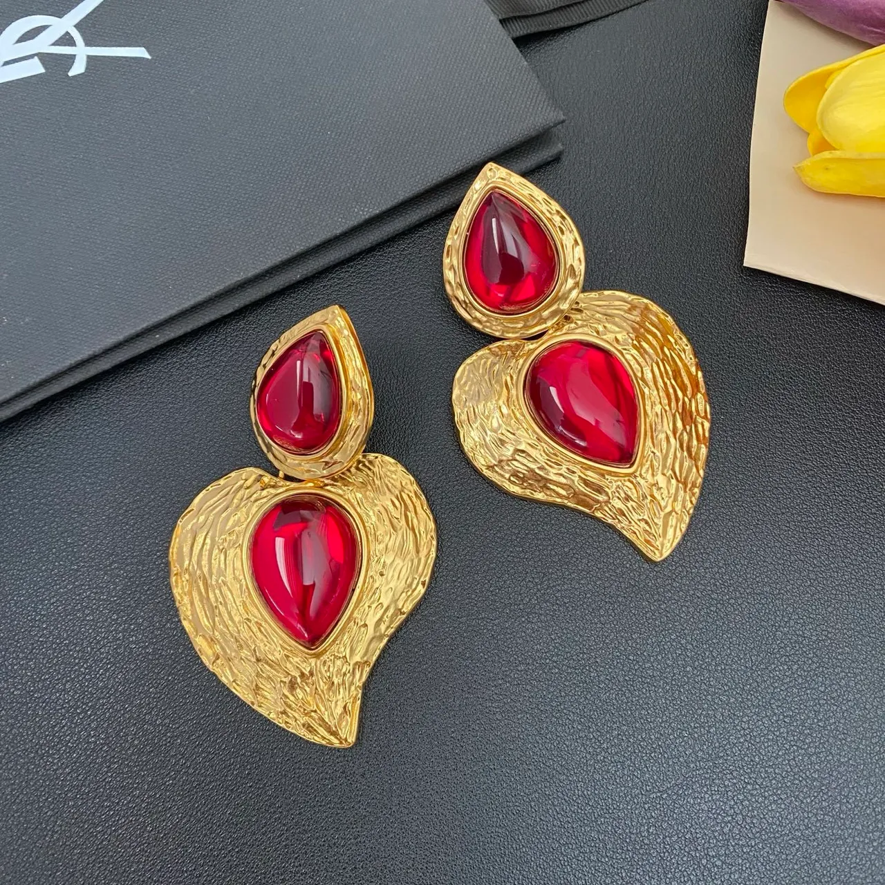 Textured Gold-Tone Double Teardrop Cabochon Statement Earrings 6