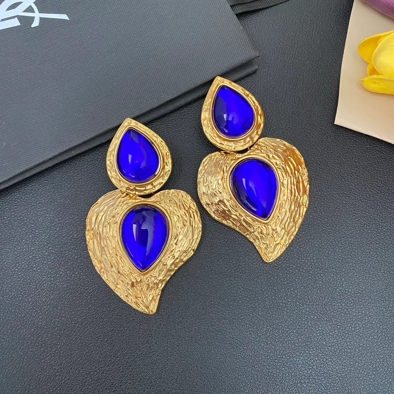 Textured Gold-Tone Double Teardrop Cabochon Statement Earrings 7