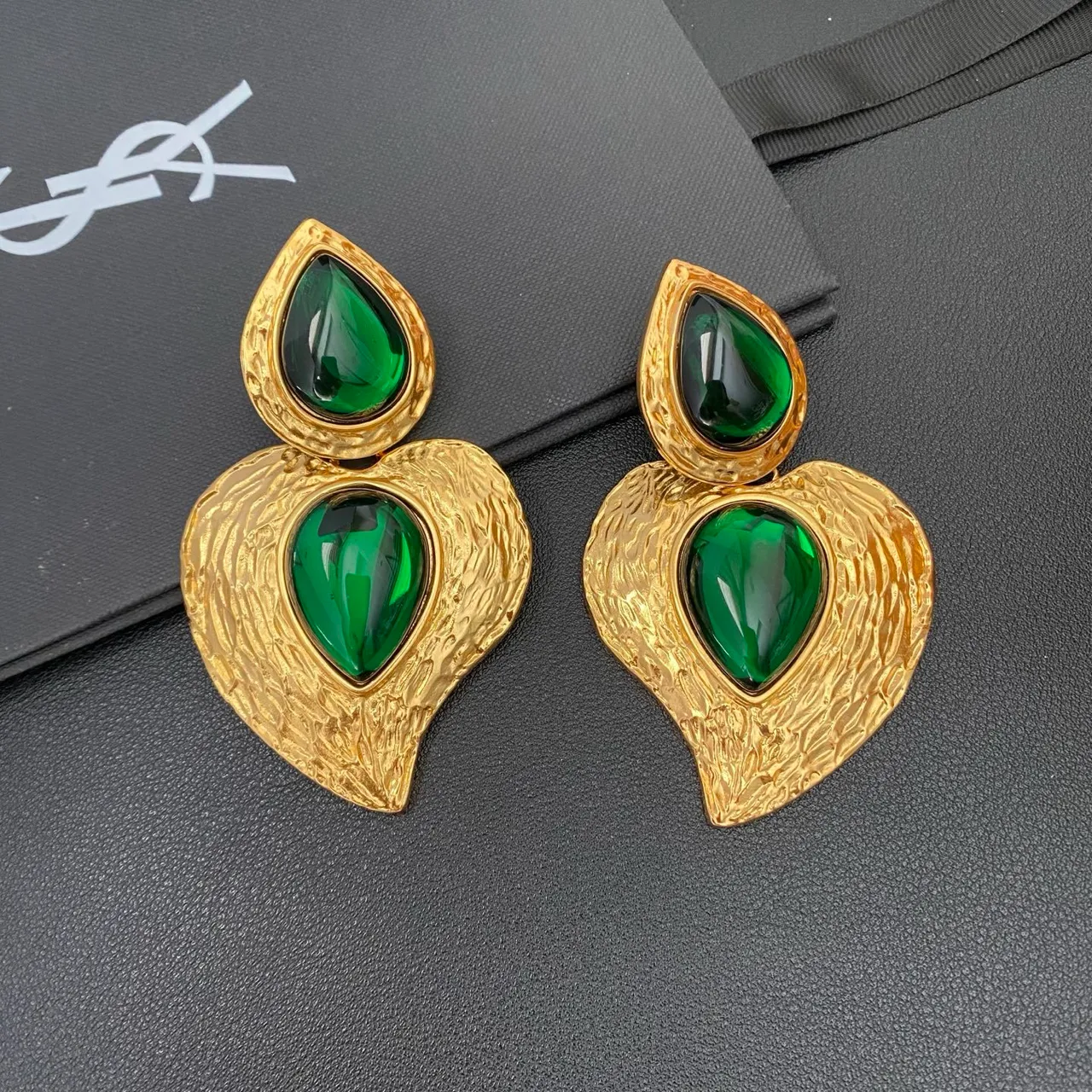 Textured Gold-Tone Double Teardrop Cabochon Statement Earrings 9