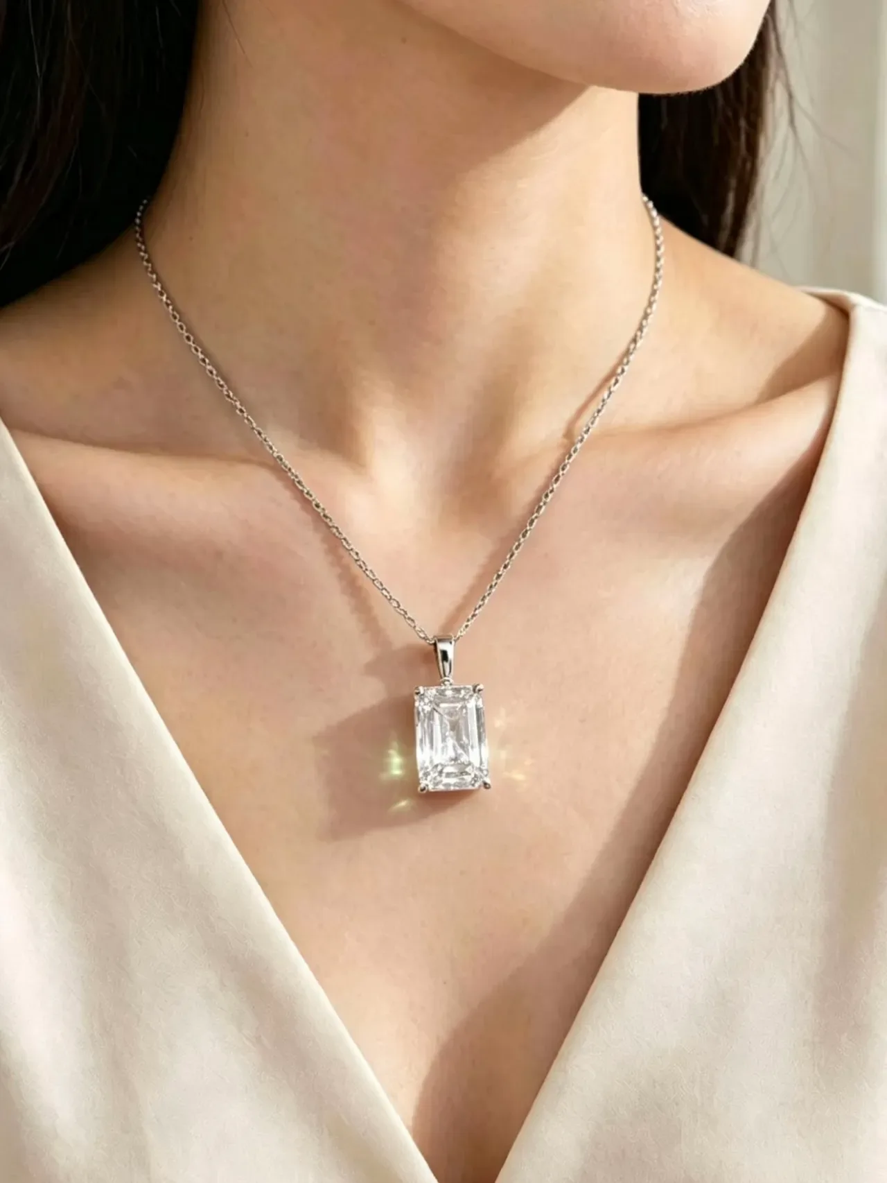 Transparent Silver Emerald-Cut Stone Four-Prong Setting Necklace 2