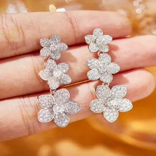 Triple-Flower Pavé Drop Earrings