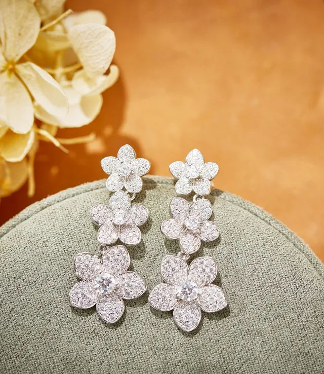Triple-Flower Pavé Drop Earrings 4
