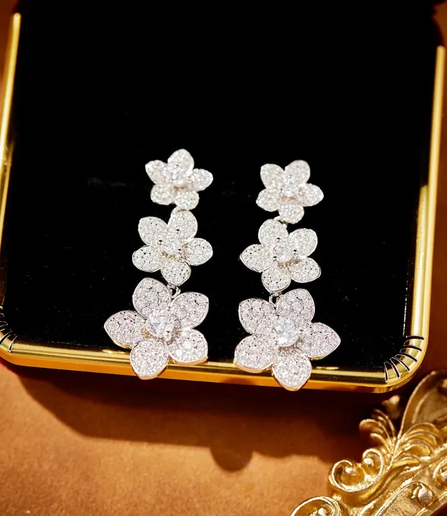 Triple-Flower Pavé Drop Earrings 6