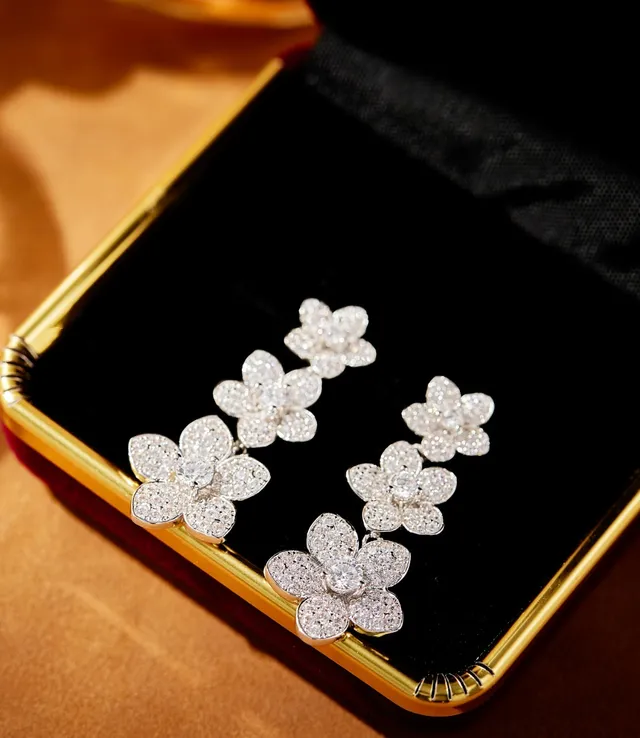 Triple-Flower Pavé Drop Earrings 7