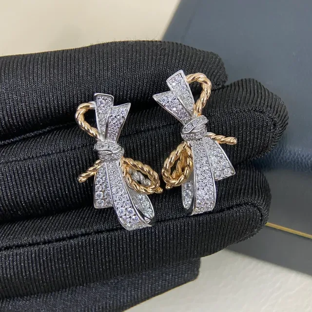 Two-Tone Gold Pavé Bow and Rope Earrings 6