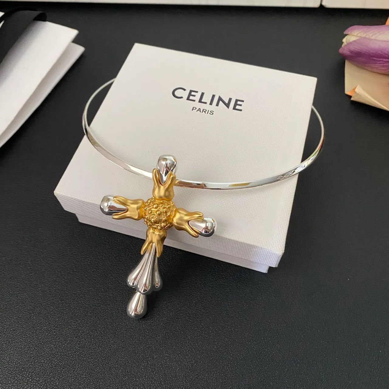 Two-Tone Metallic Cross Pendant Choker Necklace 6