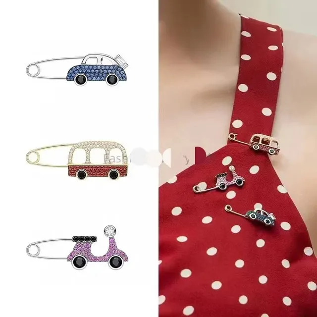 Vehicle-Shaped Pavé-Crystal Safety-Pin Brooches 1