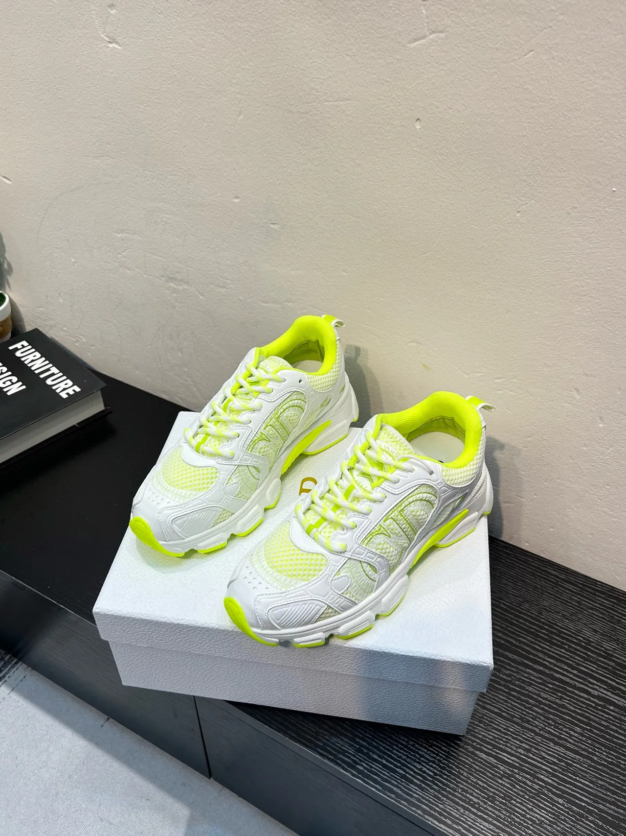 White and Neon Lime Chunky Sneakers 3