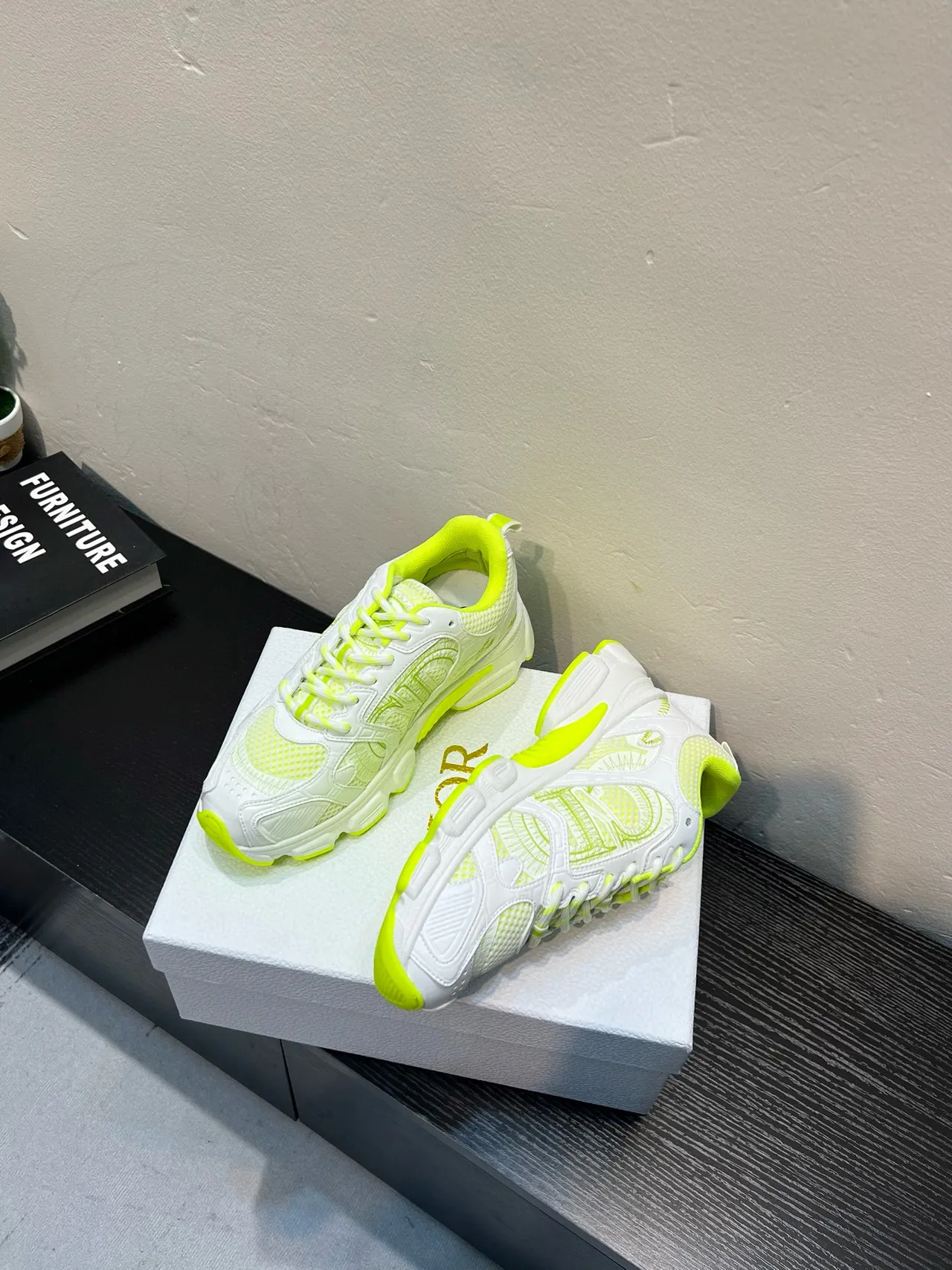 White and Neon Lime Chunky Sneakers 4