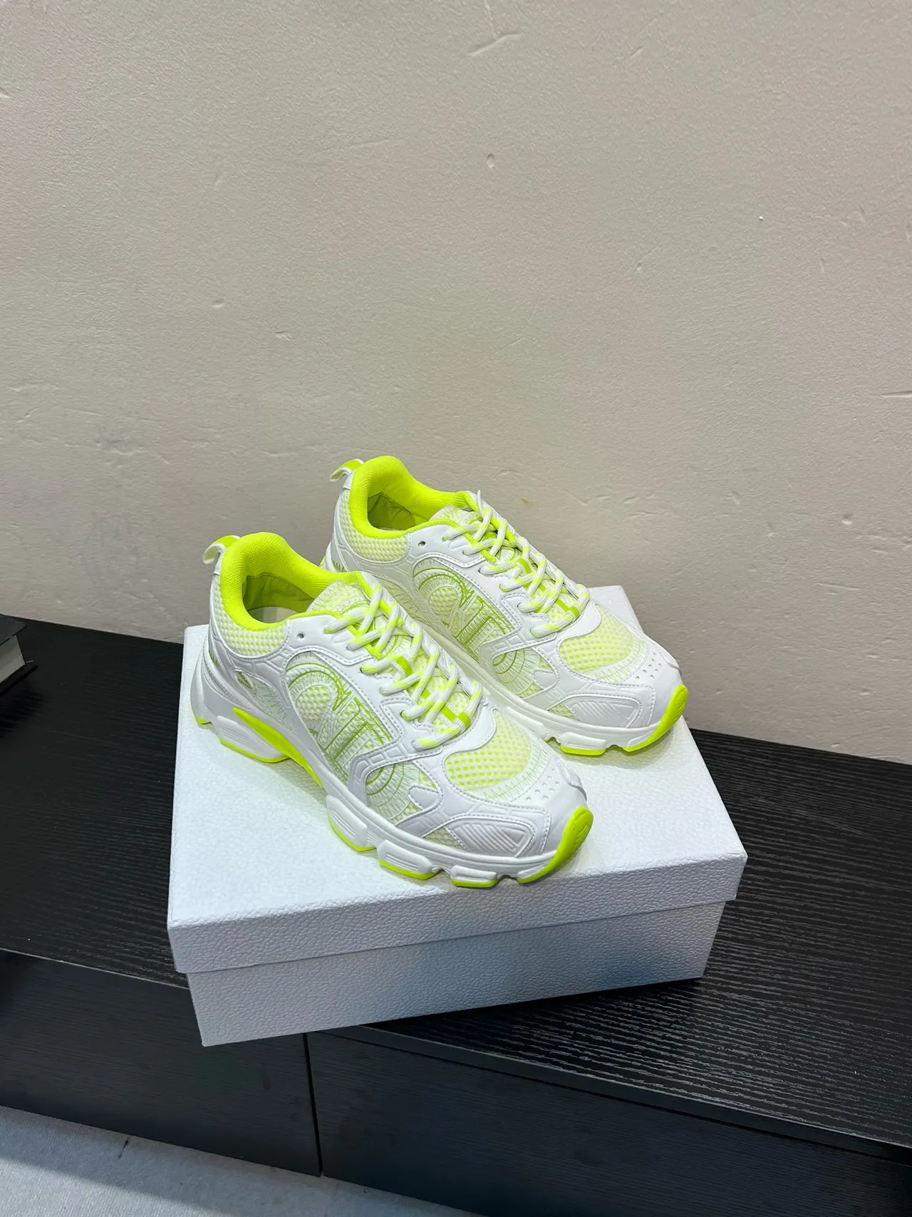 White and Neon Lime Chunky Sneakers 5